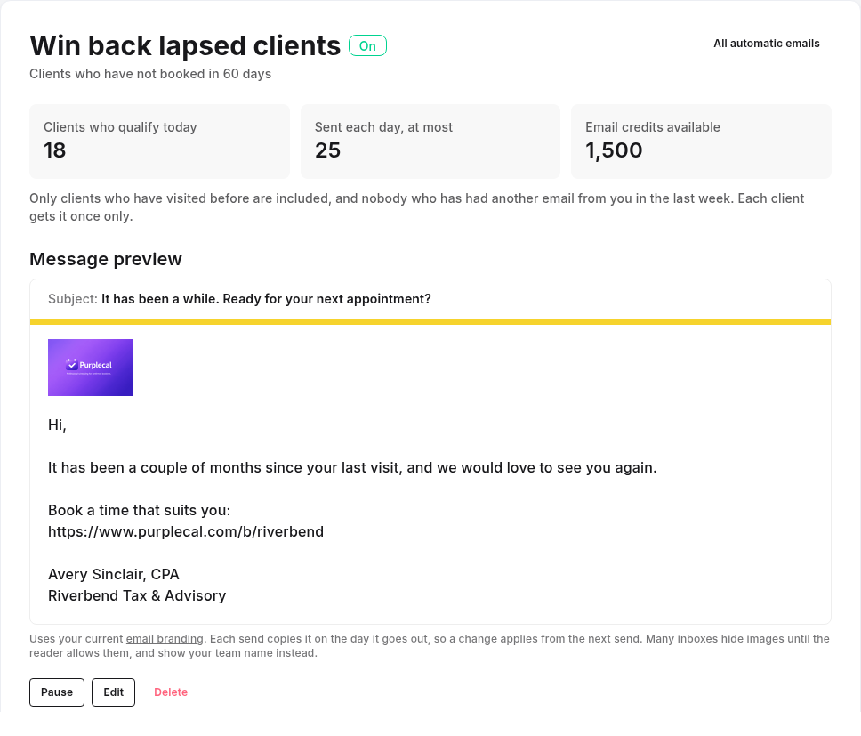 An automatic email in PurpleCal: clients who qualify today, the daily limit, and a preview of the message