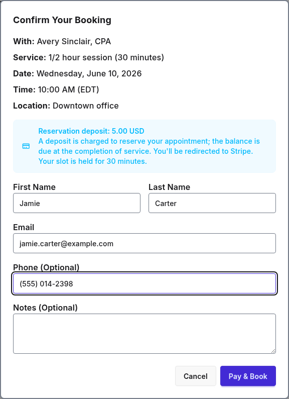 PurpleCal booking confirmation showing a 5 dollar reservation deposit with the balance due at the appointment