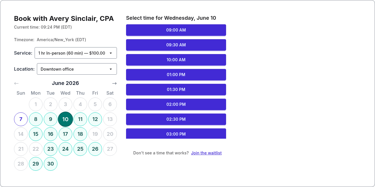 PurpleCal public booking page showing live availability and bookable time slots