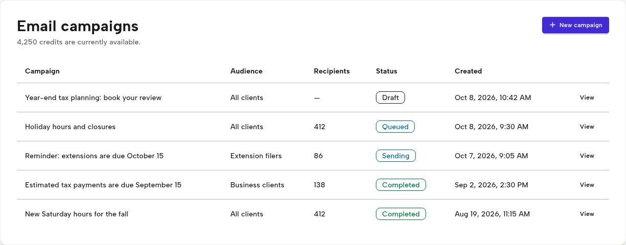 PurpleCal email campaigns page listing draft and completed campaigns with their audience, recipient count and status
