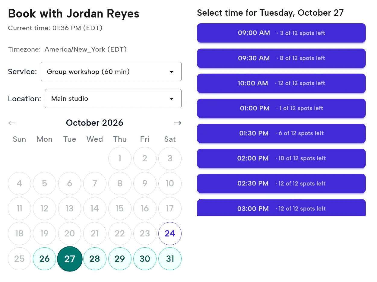 PurpleCal booking page for a group workshop listing the day's times with the places left at each, such as 3 of 12 spots left