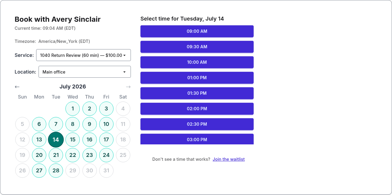 PurpleCal booking page for a tax practice showing available consultation times