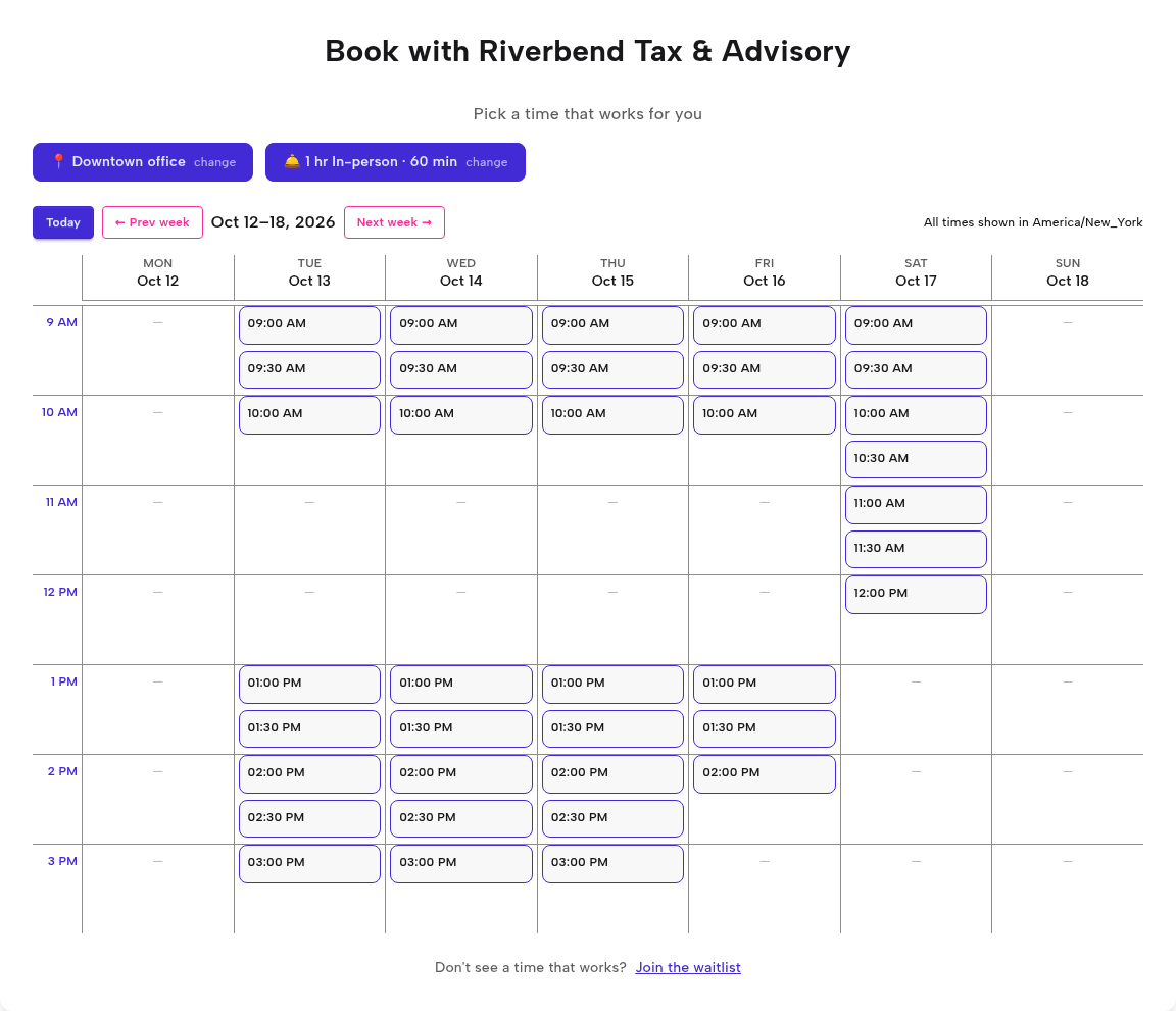 PurpleCal team booking page showing a week of available appointment time slots