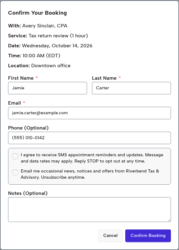 PurpleCal booking form with name, email and phone fields, followed by an unticked checkbox labeled: I agree to receive SMS appointment reminders and updates. Message and data rates may apply. Reply STOP to opt out at any time.